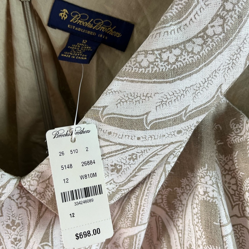 NWT ($698 retail) STUNNING Brooks Brothers Linen dress size 12 - tan and white - Picture 7 of 12